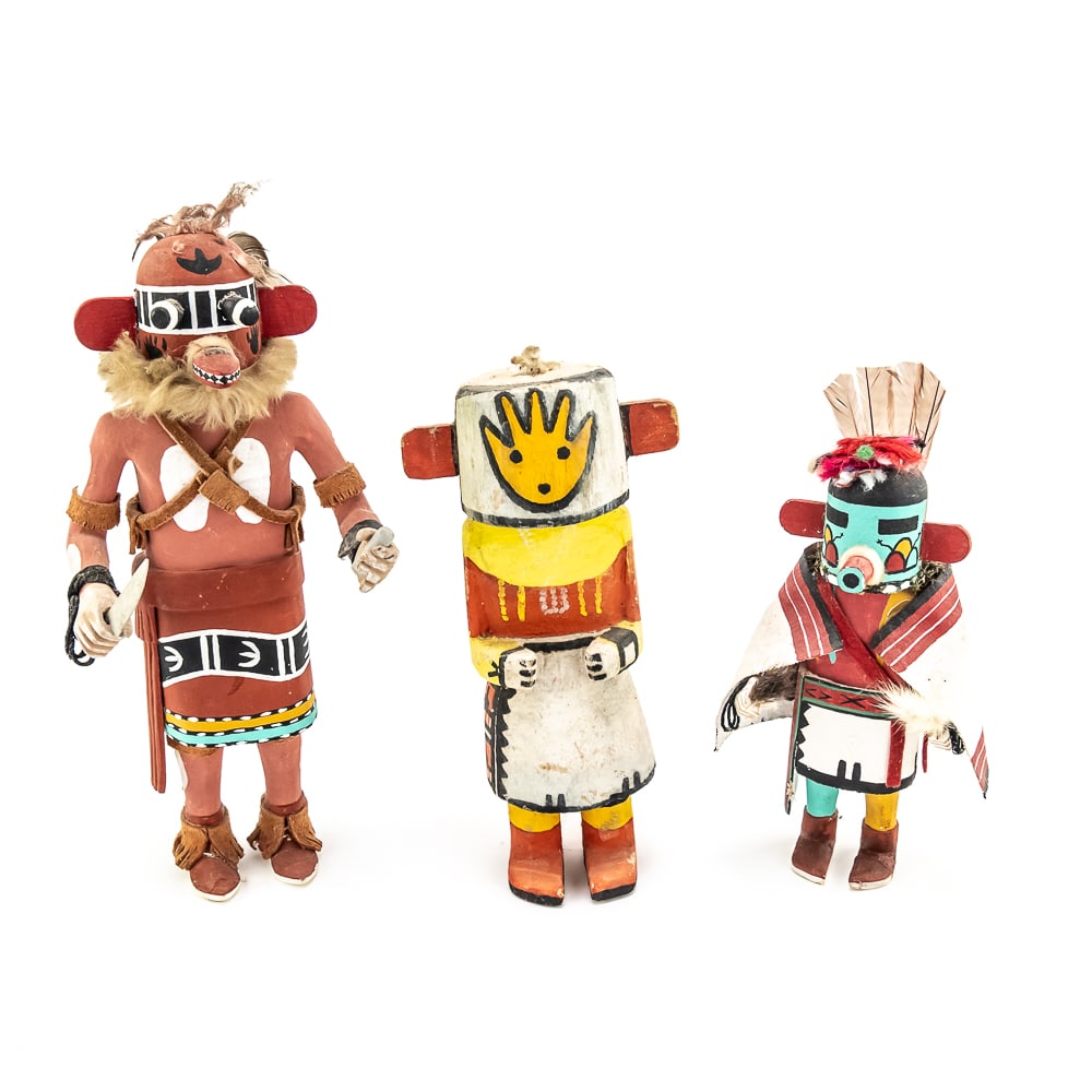 Matia Kachina/ Talavai Kachina/ Hania Kachina: Trio of carved and painted Kachina dolls of the Pueblo peoples of the Southwest. 1) Talavai (Early Morning Singer) Kachina dated 1970. Hopi Morning Singers, (Talavai Kachinas) used to appear in pairs