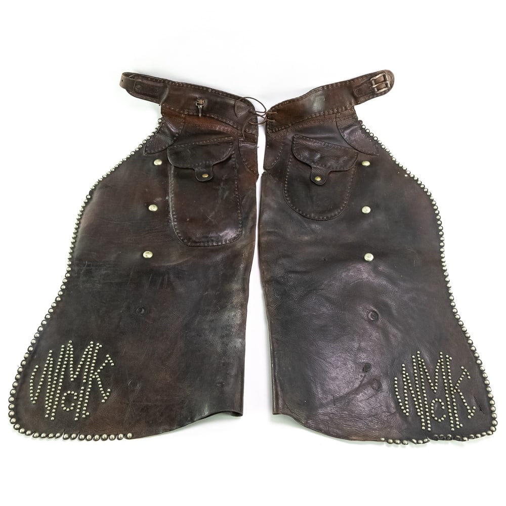 Vintage Visalia Batwing Chaps: Stamped Visalia Stock Saddle Company San Francisco. Nice set of vintage leather "Batwing" style chaps with stud decoration. Initials W Mc K in studs on bottom of both wings. Visalia is one of the