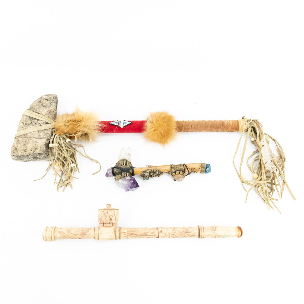 Native American Style Ceremonial Set: This handcrafted trio represents the "Mountain Man" or contemporary "Powwow" style, blending traditional Plains-inspired motifs with modern metaphysical elements. The large ceremonial club (27")