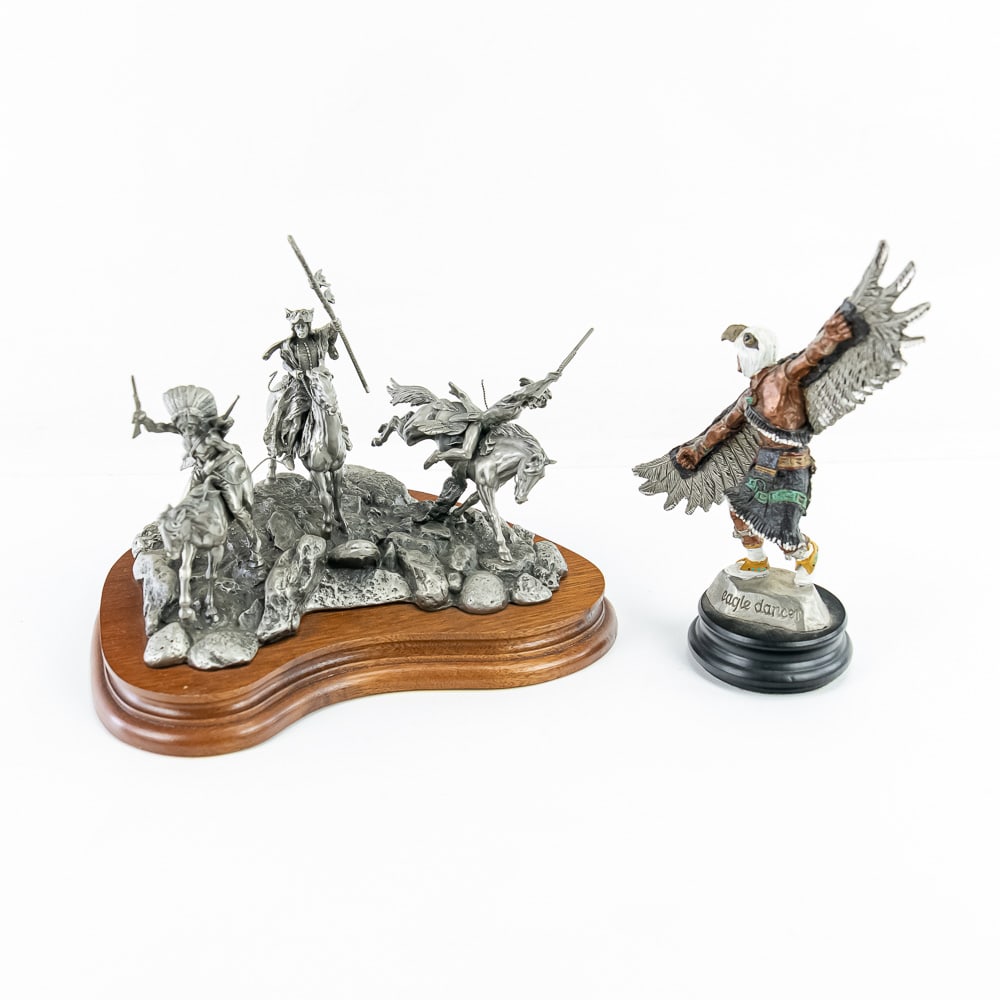 Chilmark & Eubanks Native Heritage Figures: This lot features two distinct Native American sculptures: a 1980 fine pewter work titled "War Party" by renowned artist Don Polland for Chilmark, and a hand-painted "Eagle Dancer" figure from Bob