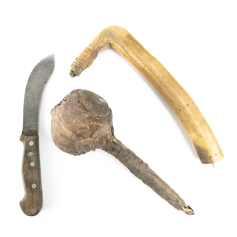 Tribal War Club, Adze & Boker Knife Trio: This fascinating ethnographic collection features a hide-wrapped stone war club, a primitive bone-handled adze, and a vintage German utility knife. The war club, measuring approximately 12" in length