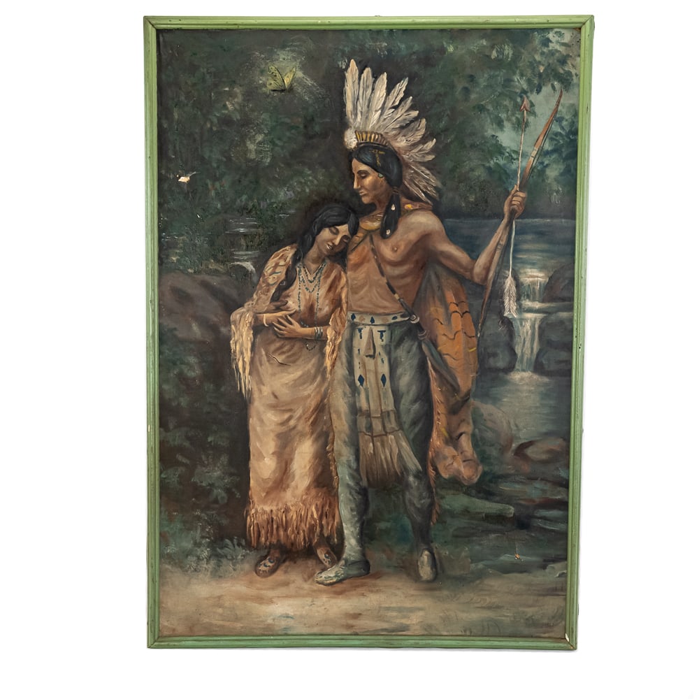 Indian Chief & Maiden Oil Painting: As a seasoned collector of early 20th-century figurative paintings, this piece depicting an Indigenous couple—a chief in a full feathered headdress holding a bow and a maiden leaning on his