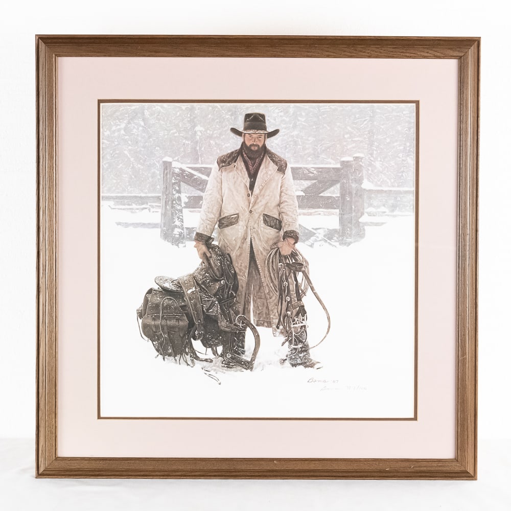 Buck Norris Crossed Sabers Ranch Bama Framed Print: Buck Norris – Crossed Sabers Ranch by James Bama '87 artist signed Limited Edition 357/1000 worldwide examples. 20" x 20" print featured on Giclée Canvas 26.5"T x 26.5"L framed. Perfect