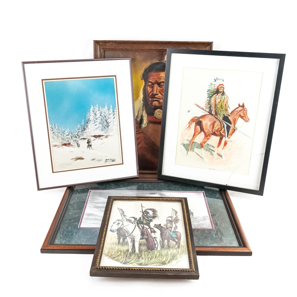 Native American Art Collection: 5 Pcs: This collection features five distinct works of Native American themed art, ranging from original portraiture to limited edition prints. Included is an expressive oil on canvas portrait of a Shaman