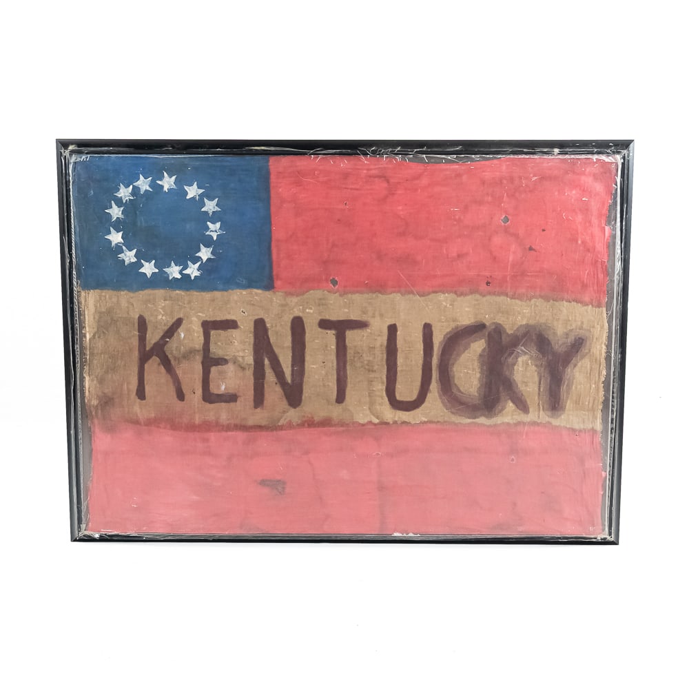 Vintage Kentucky Confederate-Style Flag: This vintage "First National" style Confederate flag is an intriguing piece of historical-themed folk art or a mid-century commemorative display. It features a hand-painted "KENTUCKY" identifier