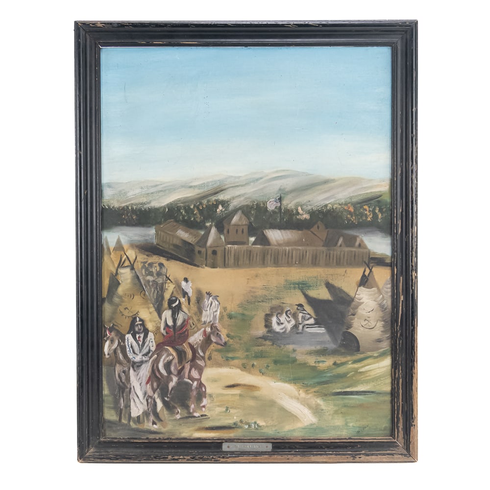 Fort Union 1830 Indian Frontier Oil: This evocative piece captures a pivotal moment in American frontier history, depicting a bustling scene outside Fort Union circa 1830. Rendered in oil on a "Fav-O-Rite" brand canvas sketching