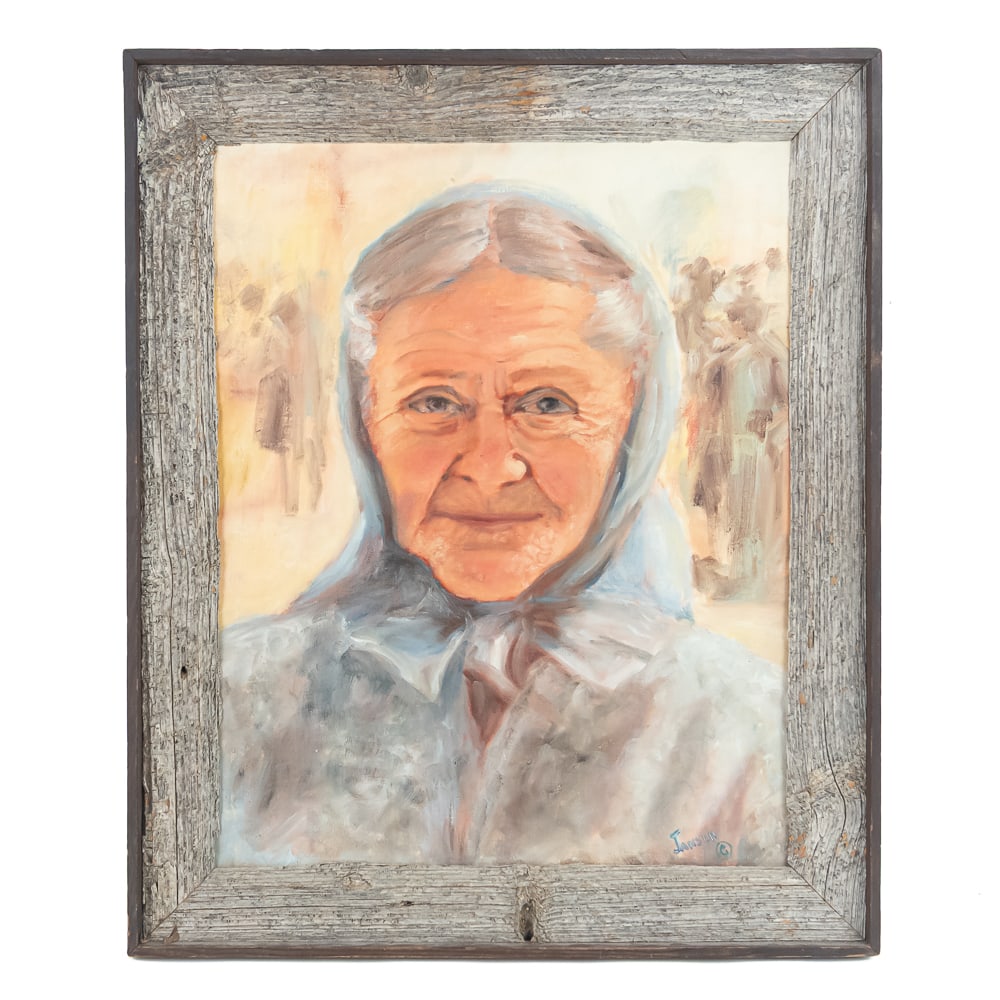 Jansen Signed Portrait of Elder Woman: This evocative mid-century oil on canvas board portrait captures the dignified essence of an elderly woman in a headscarf, rendered with a soft, impressionistic touch that highlights the character in