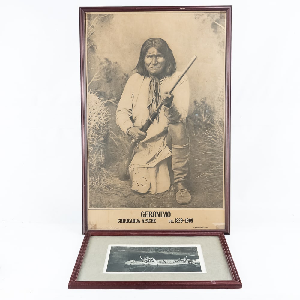 Native American Prints: Roland Reed & Geronimo: This lot features a sophisticated pairing of two distinct styles of Native American portraiture: a collector-grade photogravure by Roland W. Reed and a classic mid-century oversized portrait of the