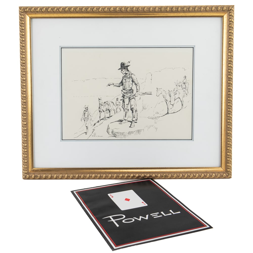 Ace Powell Original Western Drawing & Catalog: This lot features an original pen-and-ink drawing by the prolific Western artist Asa Lynn "Ace" Powell (1912–1978). A protégé of the legendary Charles M. Russell, Powell’s work