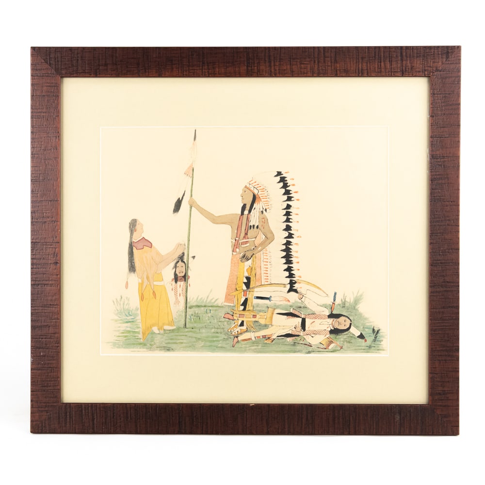 Sioux Indian Print #25 C. Szwedzicki 1938: This is a significant piece of Plains Indian ledger-style art, specifically Print #25 from the renowned 1938 portfolio Paintings of the Sioux and Other Tribes of the Great Plains. Published by C.