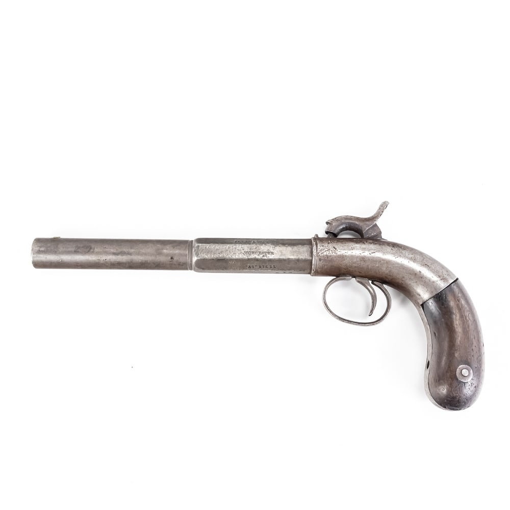 Allen & Thurber Percussion Boot Pistol SN 572 (A): This antique historic mid-19th-century Allen & Thurber .36 Caliber single-shot percussion pistol features a center hammer design and a 6-inch part-octagon, part-round barrel. Manufactured in