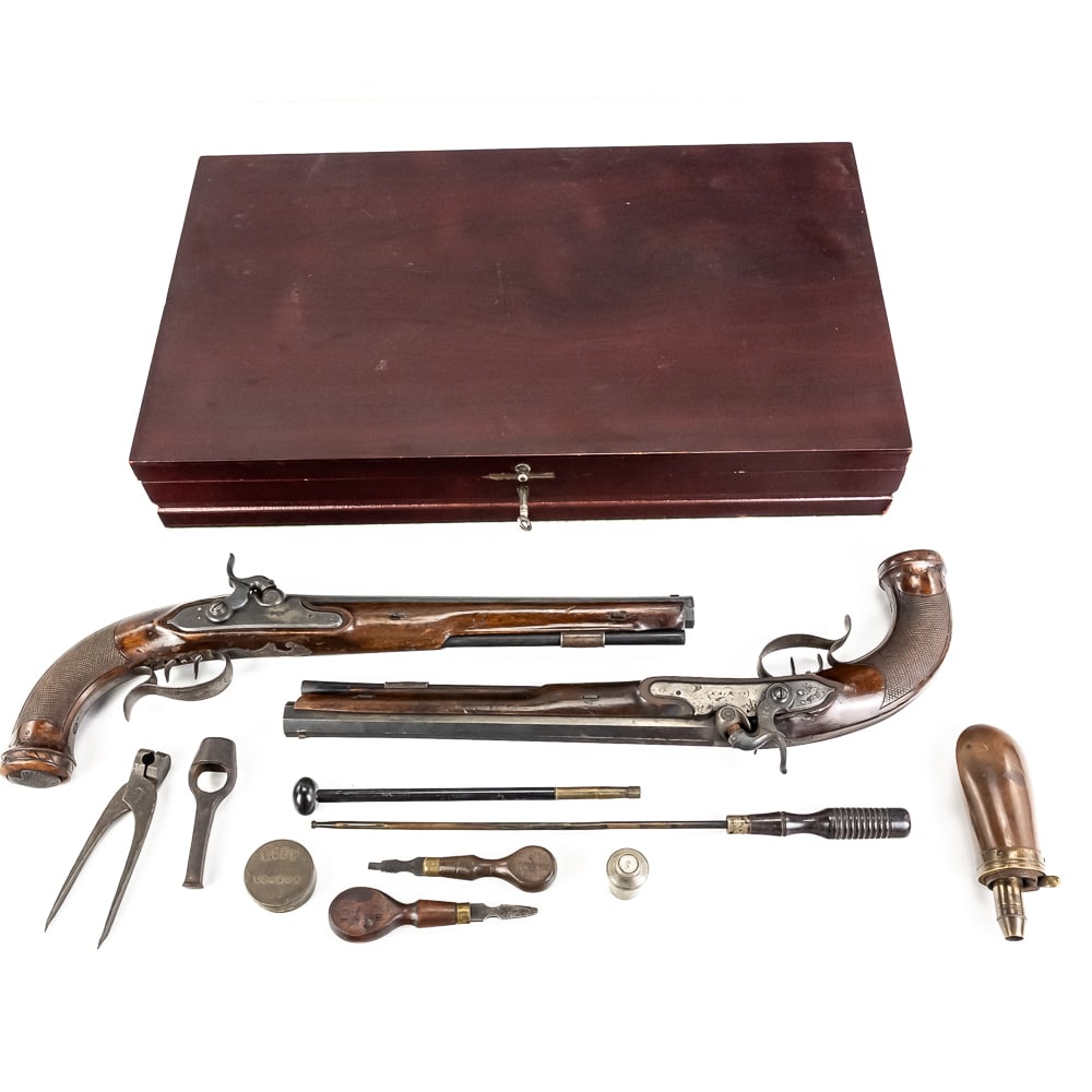 RARE 19th Century Dueling/Target Pistol In Case (A: This exceptional 19th-century European percussion dueling/target pistol set showcases the fine craftsmanship of Austrian gunsmithing. They proudly bear the distinct script engraving "IN WIEN" on the l