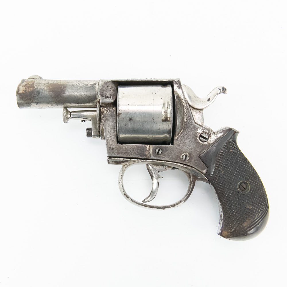 Belgium Made British Bulldog Revolver .38 18 (A): This is a classic example of an antique "British Bulldog" double-action revolver, a popular self-defense sidearm from the late 19th century. Produced in Belgium, the revolver displays several Belgium 