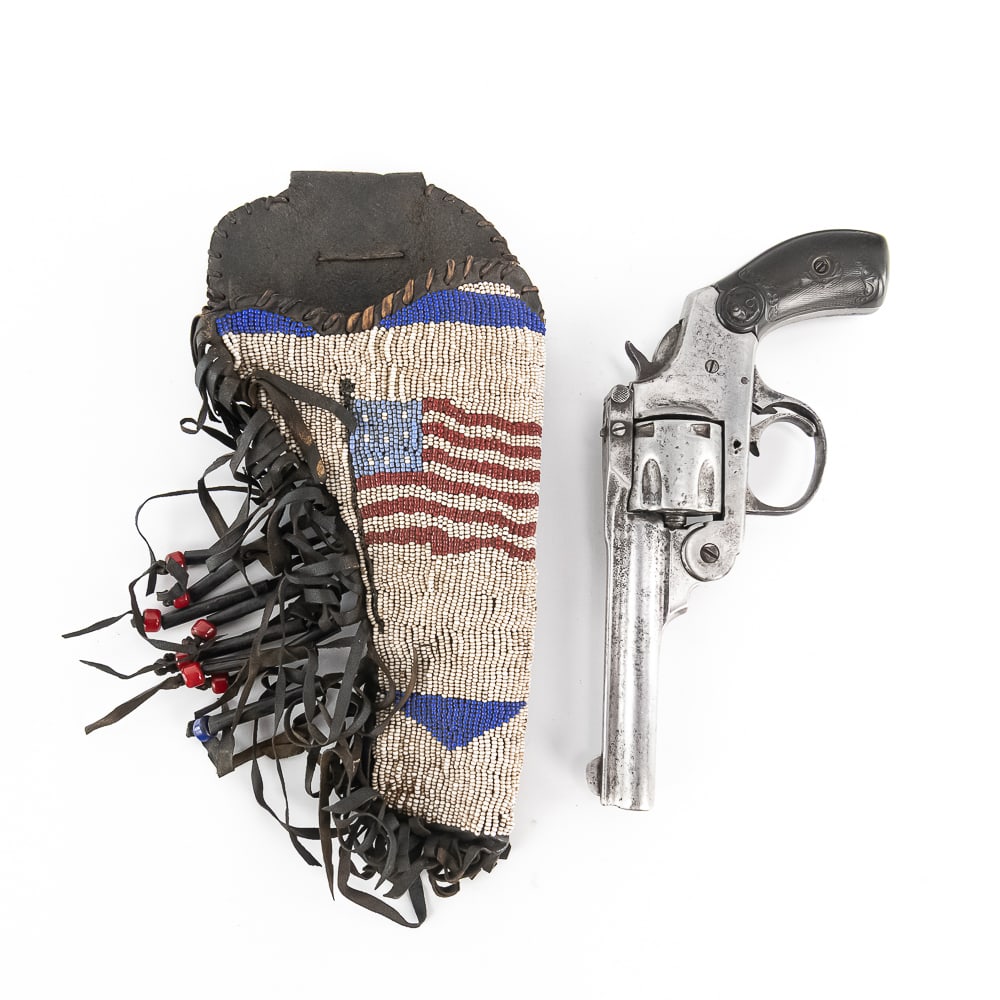 Iver Johnson 3rd Mod & Beaded Holster SN 14243 (C): An intriguing pairing of late 19th to early 20th-century Americana, featuring a 3rd Model top-break safety automatic revolver manufactured by Iver Johnson's Arms & Cycle Works of Fitchburg, Massachuse