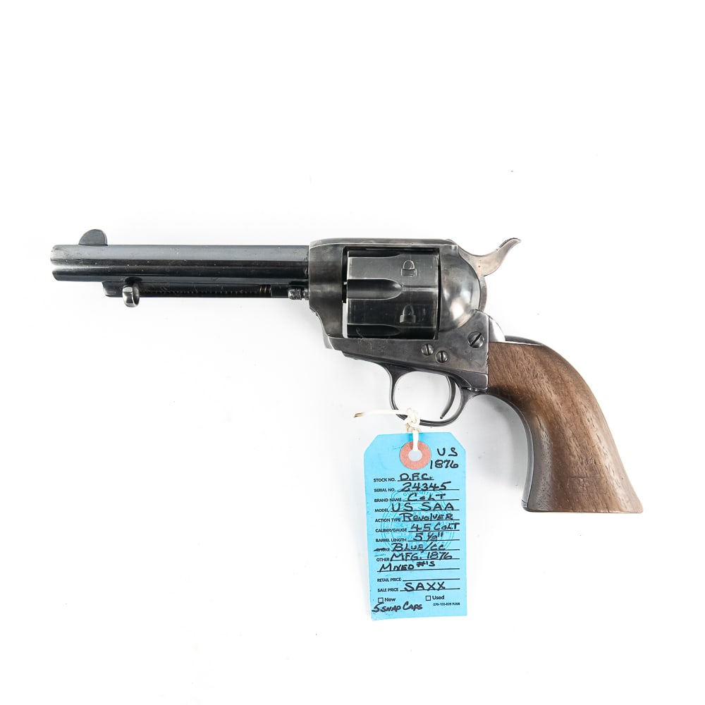 Colt US SAA Revolver w/Papers .45c 24345 (A): This piece is in the desirable US military "Artillery Model" configuration with a 5.5" barrel. Originally issued as 7½" barrel Cavalry models to the U.S. government, thousands of these revolvers 