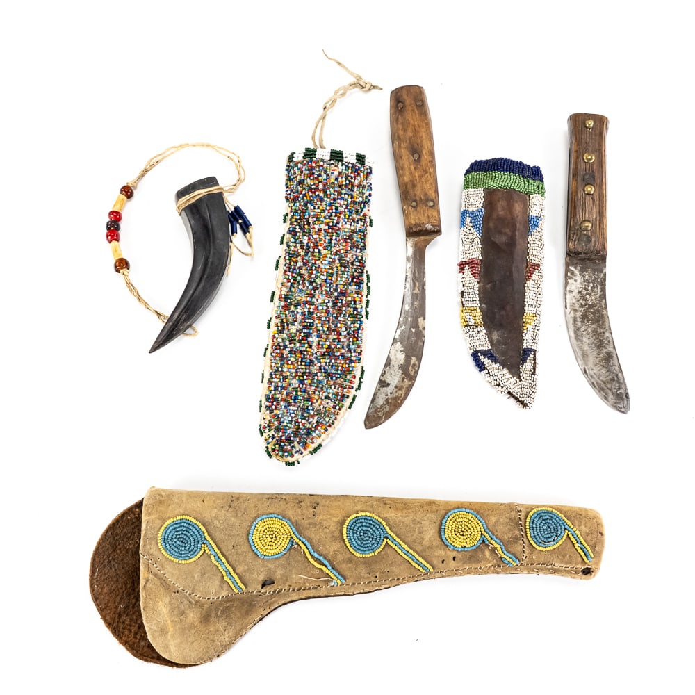 Native American Style Beaded Accoutrements, Knives: A historically significant frontier collection featuring two professional-grade carbon steel knives marked "R.W. TOHTZ & CO ST. LOUIS." These "trade knives" are paired with custom-fit, hand-beaded she