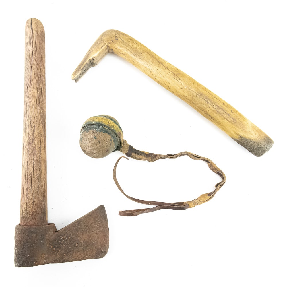 Antique Tribal Adze, Stone Club & Marked Axe (3): This collection features three compelling ethnographic weapons and tools, highlighted by a hand-carved bone adze with distinct pictographic dot-pattern carvings. These engravings appear strictly