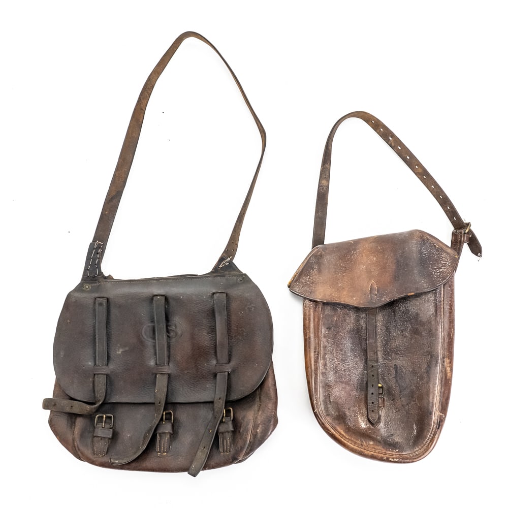 Antique Modified Cavalry Trooper’s Set Bags: This lot features a fascinating study in field-expedient military gear, headlined by a Model 1885/1896 US Cavalry Saddlebag that has been historically modified into a single-shoulder dispatch or couri