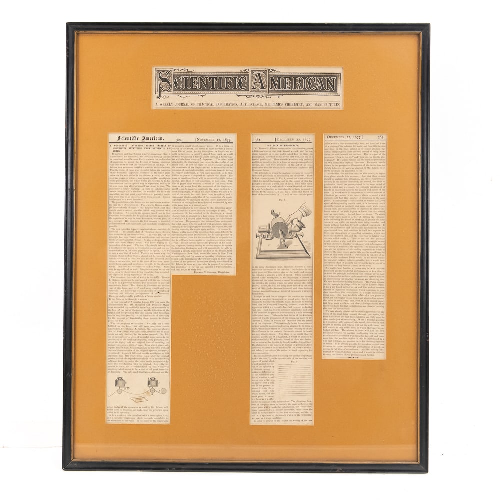 1877 Edison Phonograph Scientific American Framed: This custom-framed display features original 1877 Scientific American article clippings detailing Thomas Edison's groundbreaking invention of the "Talking Phonograph." As an extraordinary piece of tec