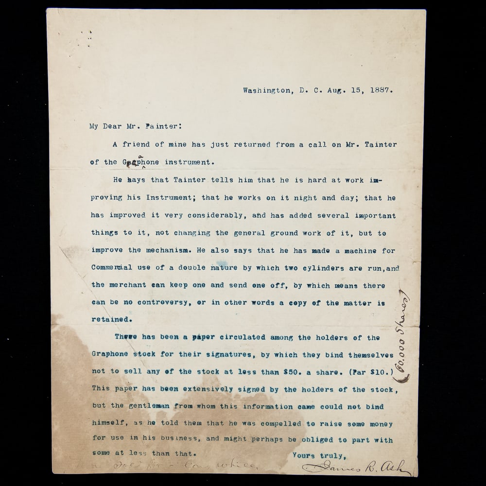 Historic 1887 Letter to Uriah H. Painter: A hand typed letter dated Washington D.C. Aug. 25, 1887 to Uriah Painter from James R. Ash. Ash served as the Chief of the Division of Correspondence for the United States Post Office Department in