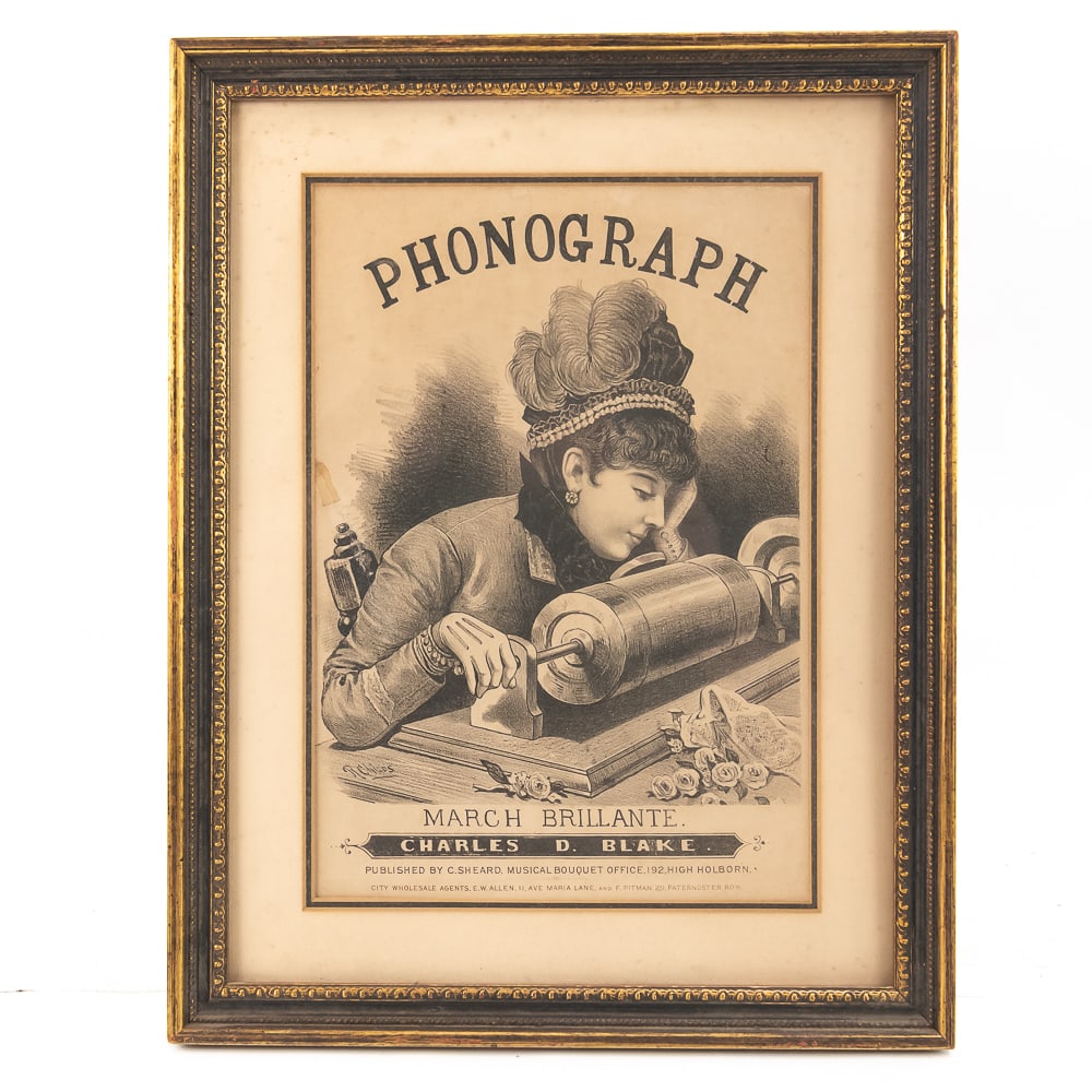 PHONOGRAPH Original 1878 Sheet Music: Original sheet music for Phonograph (March Brillante) by Charles D. Blake published in 1878 by the White, Smith & Company in Boston. It stands as one of the very first pieces of sheet music