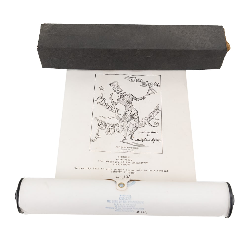 Piano Roll "Song of Mr. Phonograph" Limited Edit: One piano roll featuring the "Song of Mr. Phonograph". It appears to be a commemorative of 1877 to 1977. The 88 note player piano roll is a special edition, in its original box in good condition. See
