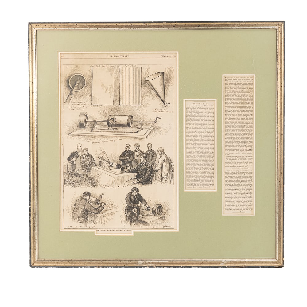 1878 Announcement of Edison's Phonograph: Framed and matted under glass announcement of the invention of the phonograph from the March 30, 1878 issue of Harper's Weekly. Includes a full page engraving and a 2 column story. In VG original