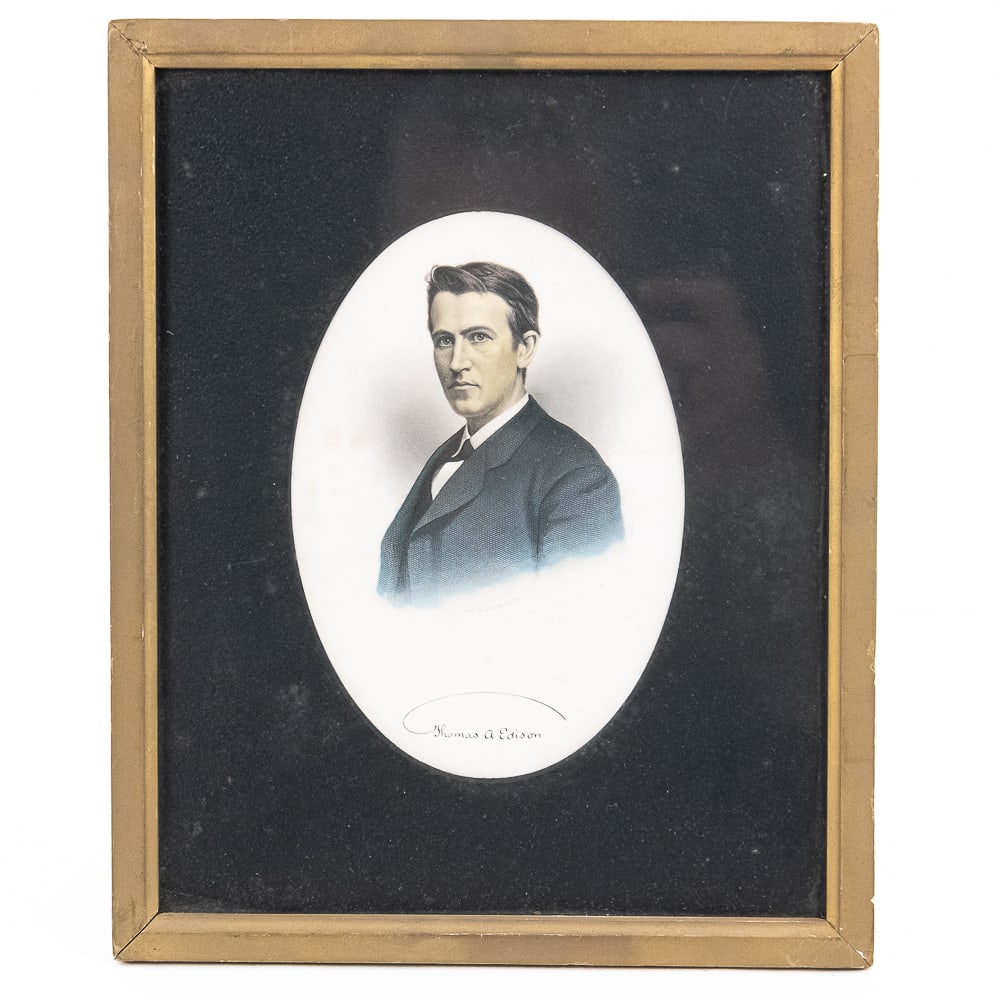 T.A. Edison Hand Colored Engraving by A.H. Ritchie: An 1880’s portrait engraving of Thomas Alva Edison created by the prominent Scottish-American engraver and painter Alexander Hay Ritchie (A.H. Ritchie). It features Thomas Edison as a young man