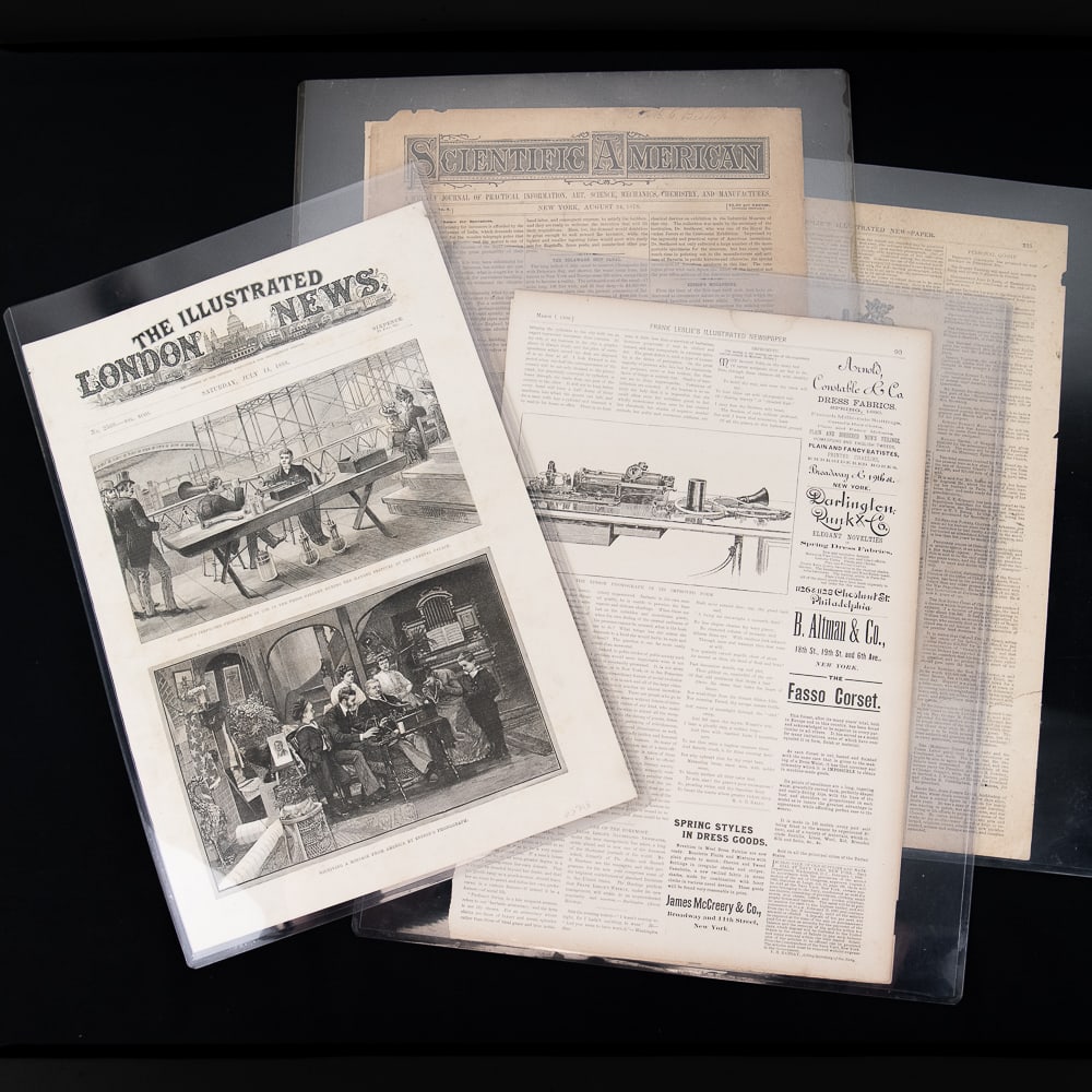 Edison Phonograph Prints Lot (6): This exceptional collection of six original 19th-century illustrated newspaper pages documents the historic evolution of Thomas Edison’s phonograph and acoustic inventions, featuring original sh