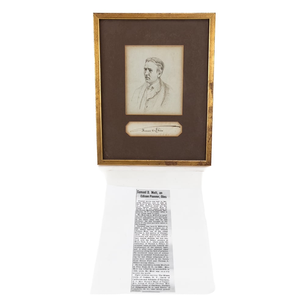 1880 Pen & Ink Thomas Edison Sketch Autographed: Framed and matted under glass pen & ink sketch of Thomas A. Edison circa 1880 by Samuel D. Mott whose was one of the Edison Pioneers working alongside Edison in the early years of Edison's career. Mot