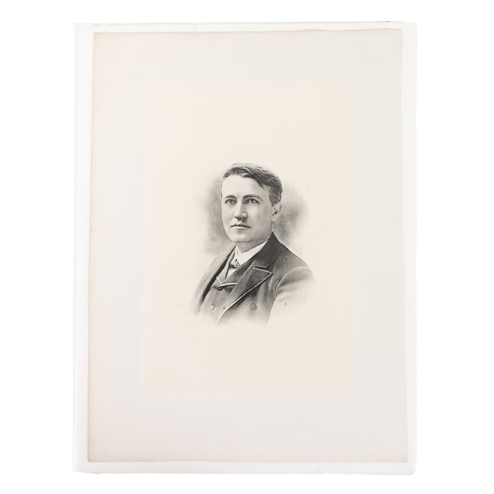 1880's Engraving of Thomas Edison: 1880's engraved portrait of Thomas Edison. Artist signed with initials. In overall VG condition with a vertical line running through Edison's left eye. It is not known whether it is a flaw in the