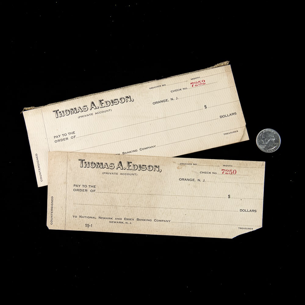 50 Original Thomas A. Edison Blank Checks: A full pad of 50 blank checks for the Thomas A. Edison Private account. Check numbers 7250-7300. In overall good condition with the first check detached from the pad and the first 2 checks having