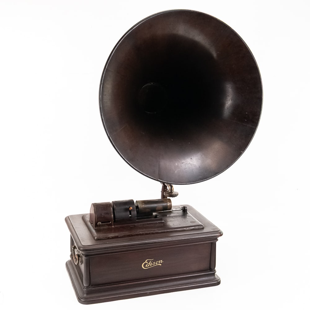 Edison Mahogany Case Opera: Mahogany case Opera that needs some TLC. The case was stripped, stained, new decal applied, but never varnished. There is no lid. The mandrel, reproducer, and side handles have a copper oxidized finis