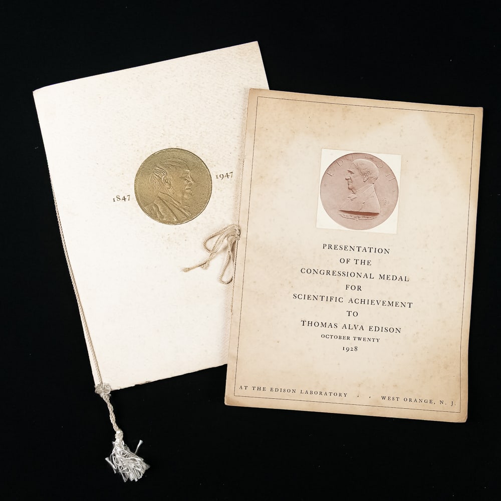 Edison Congressional Medal & Centennial Programs: Includes an original program for the Presentation of the Congressional Medal of Honor given to Edison in 1928. In good condition but has musty smell and spotting, 12" tall, 9" wide. Also includes a pr