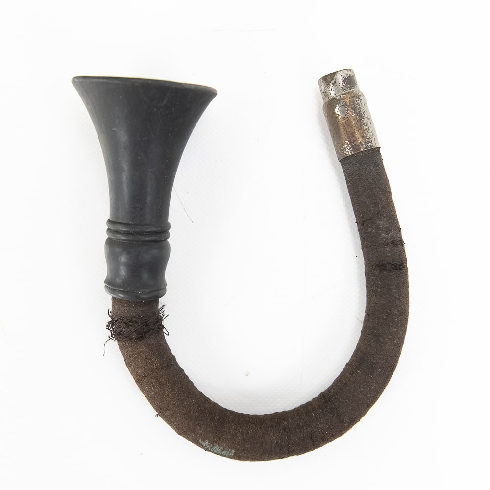 Early Edison Speaking Tube with Flexible Hose: Early Edison recording tube with a black phenolic mouthpiece and a flexible fabric-covered rubber tube with a metal end. In average condition with the usual wear, some fraying on the fabric covering,