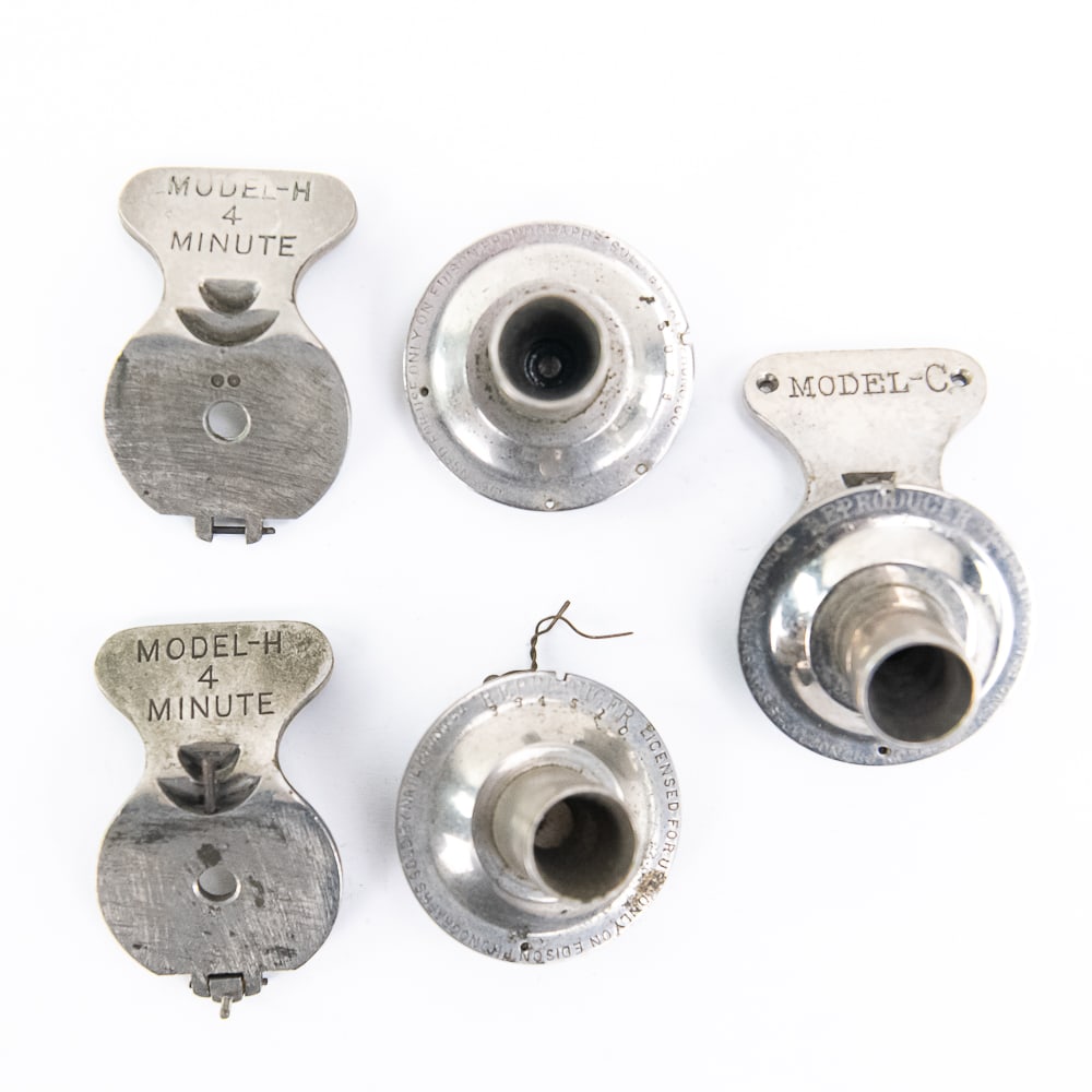 3 Piece Lot of Original Edison Reproducers: All in need of repair and being sold for parts or restoration. Includes one Model C missing its stylus bar, one Model H 4-minute missing its stylus bar and with a broken hinge block, and another