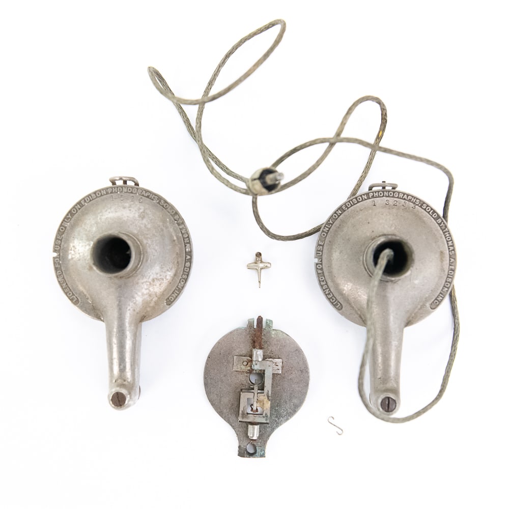 3-Piece Lot of Edison Amberola Reproducers More: (Actually consisting of four parts) including two Edison Diamond B reproducers, one reproducer weight with a flip-over stylus for 2 and 4 minute, and one original diamond disc stylus bar with a good