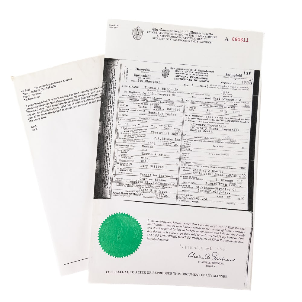 Copy of Thomas A. Edison Jr. Death Certificate: Certified copy of TAE jr.'s death certificate showing that he died of a heart attack at age 59 in 1935. His tragic life was far different from his famous father and it is well worth the time to read