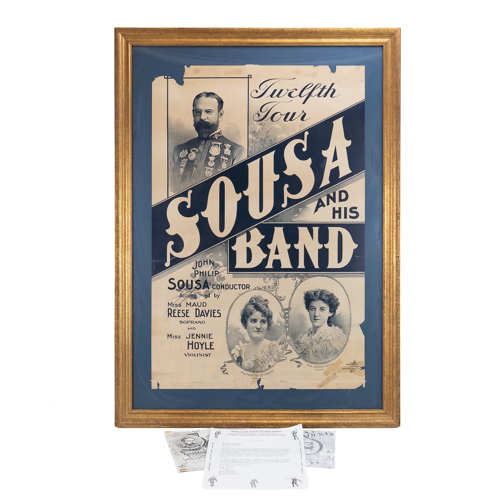 John Philip Sousa Band Advertising Poster: Exceedingly rare framed poster advertising Sousa and his Band. Black & white lithograph poster in good condition with paper loss to the edges (see pics). Poster measures 20" wide, 30" tall. Frame