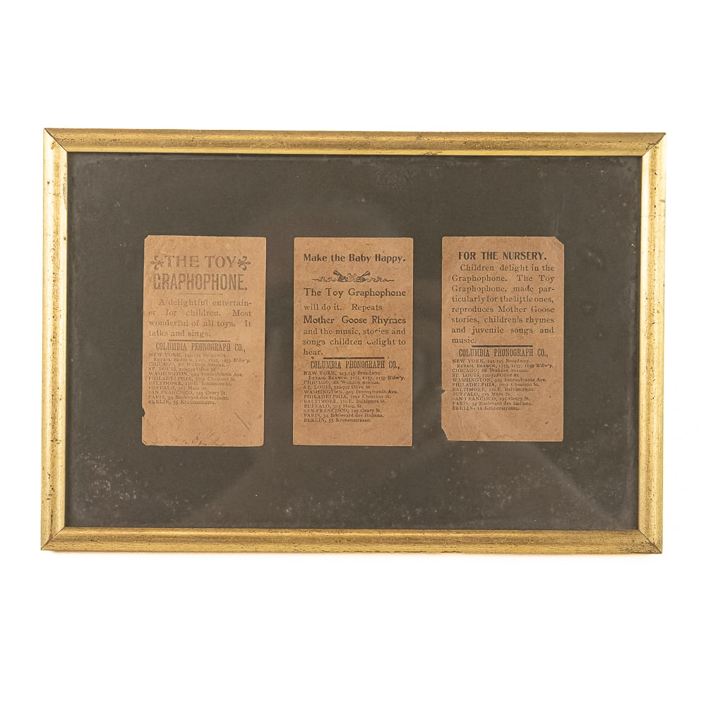 Columbia Toy Graphophone Literature: 3 small pieces of paper each advertising the Toy Graphophone made by Columbia which came out in 1899 and was dropped in 1900 because of poor sales. The little paper advertisements look like they