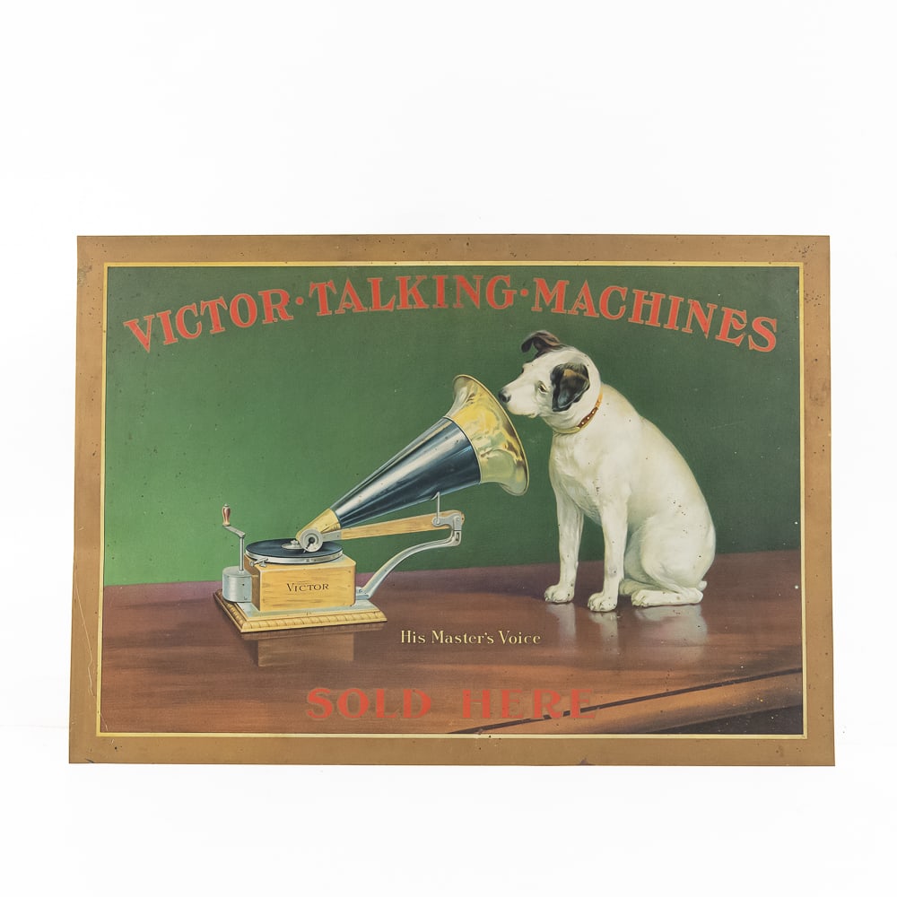Early Victor Talking Machine Advertising Sign: Very early single sided tin litho advertising sign for Victor Talking Machines Sold Here. Features the iconic His Masters Voice Trademark painting. In overall VG+ condition. No mounting holes. VG corn