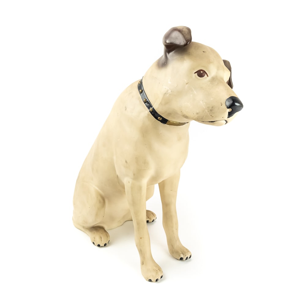 Vintage Victor Nipper Dog 18” Statue: This exceptional mid-century Victor Talking Machine Co. "Nipper" advertising statue, featuring the iconic fox terrier listening for "His Master's Voice," is a true classic of American audio history. T