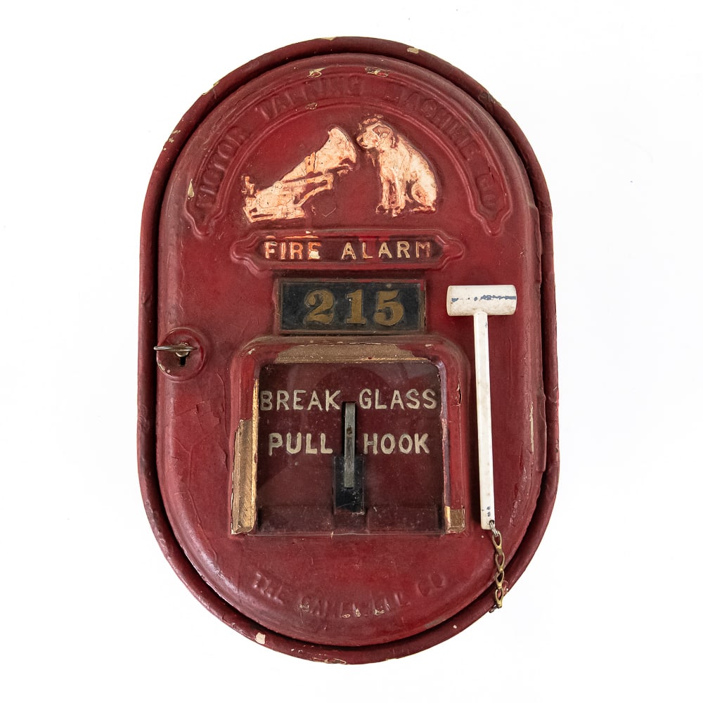 Victor Talking Machine Co. Factory Fire Alarm Box: An original cast iron Gamewell fire alarm box from the Victor Talking Machine Co. factory building in Camden New Jersey. Has VTM Co. logo and name cast into the door. Comes complete with inside mechan
