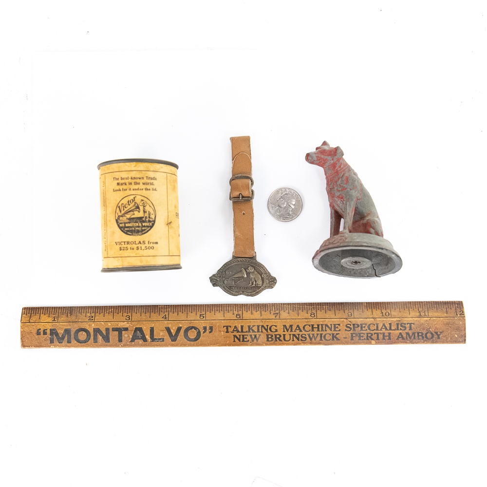 Lot of Victor Phonograph & Advertising Gimmicks: Includes a heavy 3.25-inch tall cast-iron Nipper countertop display figure manufactured by F.A. Reif Mfg. Co. of Philadelphia, which was painted red.; a 2.5" tall tin can coin bank with a paper label 
