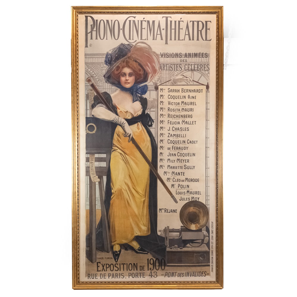 Phono Cinema Theater Paris Expo Poster: Large color poster for the Phono-Cinéma-Théâtre at the 1900 Paris Exposition Universelle featuring Mme Réjane, a celebrated French stage actress, and the names of eighteen other