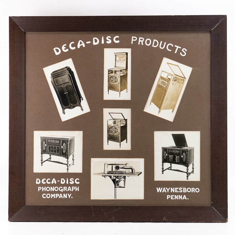 Large Framed Deca-Disc Advertising Sign: This exceptionally rare piece of 1920s mechanical music history showcases original promotional material from the Deca-Disc Phonograph Company of Waynesboro, Pennsylvania. This display beautifully illu