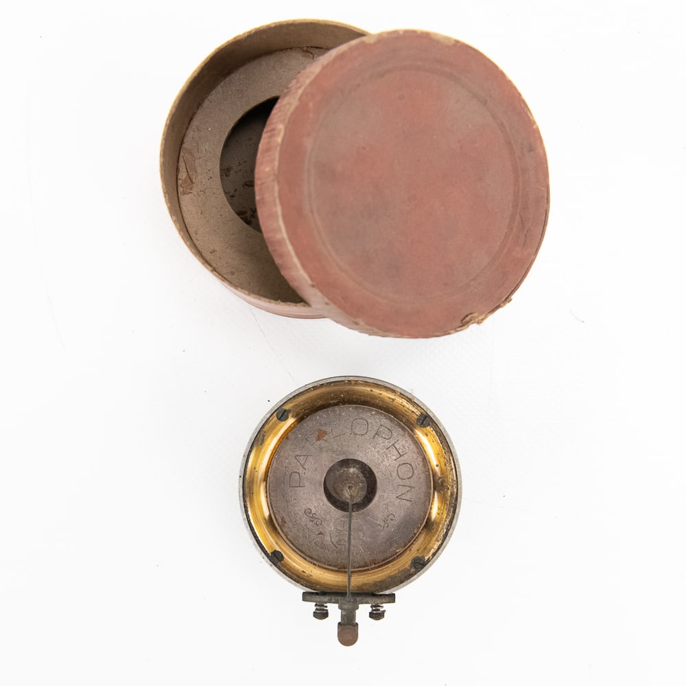 Parlor Fun Disc Phonograph Reproducer in Box: Unusual Parlor Fun marked reproducer for a disc phonograph. Has its original two-piece cardboard box in overall good condition. See photos for details. From the Allen Koenigsberg Collection