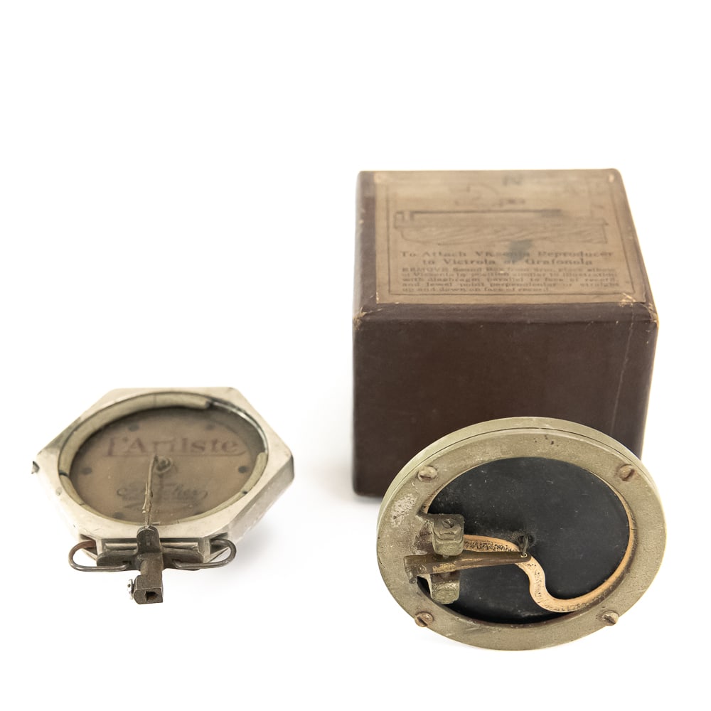 2 Piece Lot of Off-Brand Disc Phono Reproducers: Consists of two aftermarket reproducers. One is a Mark Fletcher in as-found condition. The other is a hill-and-dale attachment for a disc phonograph in its original two-piece box. See photos. From