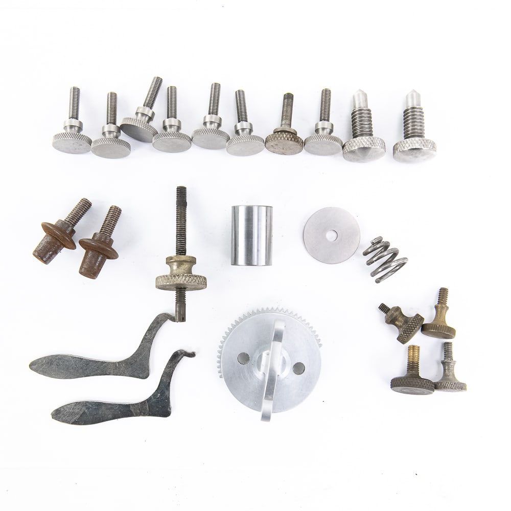 Large Lot of Various Thumb Screws/ Assorted Parts: Numerous knurled thumb screws (some original, some reproduction), and a few other related phonograph parts. A useful lot. See photos for details. From the Allen Koenigsberg Collection