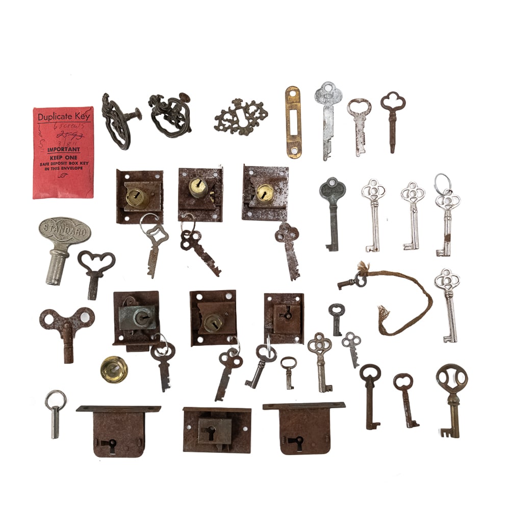 Large Lot of Phonograph Cabinet Keys and Locks: Various locks, keys, and miscellaneous hardware, many of which may be for phonographs and other furniture pieces of the period. All are in as-found condition with some rust and deterioration. Most loc